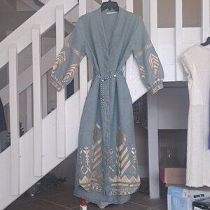 Greek Arcaic Kori Seafoam Color Linen Dress Gold Embroidery szXS missing  sash